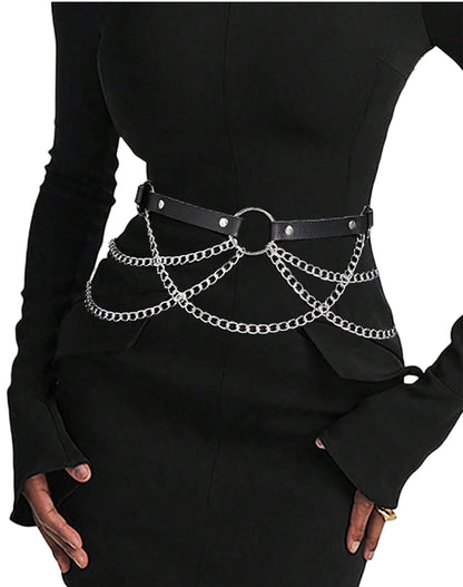WARANDOD Black PU Leather Belt – Emo Punk Grunge Gothic Belt with Chains, Gothic Waist Belt, Goth Chain Belt, Punk Accessories for Women(Fit Waist 26.77-35.83in)
