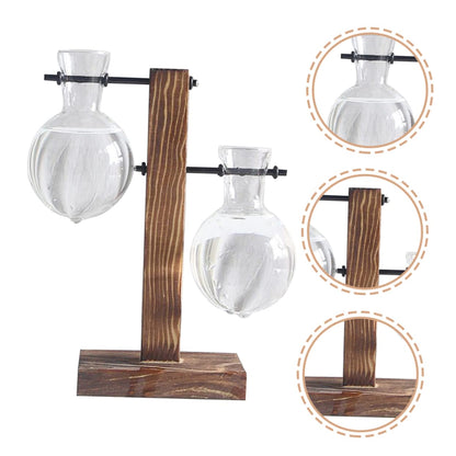 Hemoton 2pcs Hydroponic Glass Vase Wooden Base Stand Modern Plant Terrarium Tabletop Vase for Indoor Gardening Stylish
