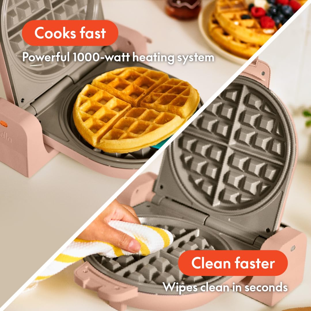 bella Flip-n-Store Waffle Maker with EverGood™ Ceramic Nonstick Coating, Fits-anywhere™ Kitchenware, Power Indicator Light, Cool Touch Handle & Cord Wrap, 7” Wide & 1" Deep Plates, 1000 Watt, Oatmilk