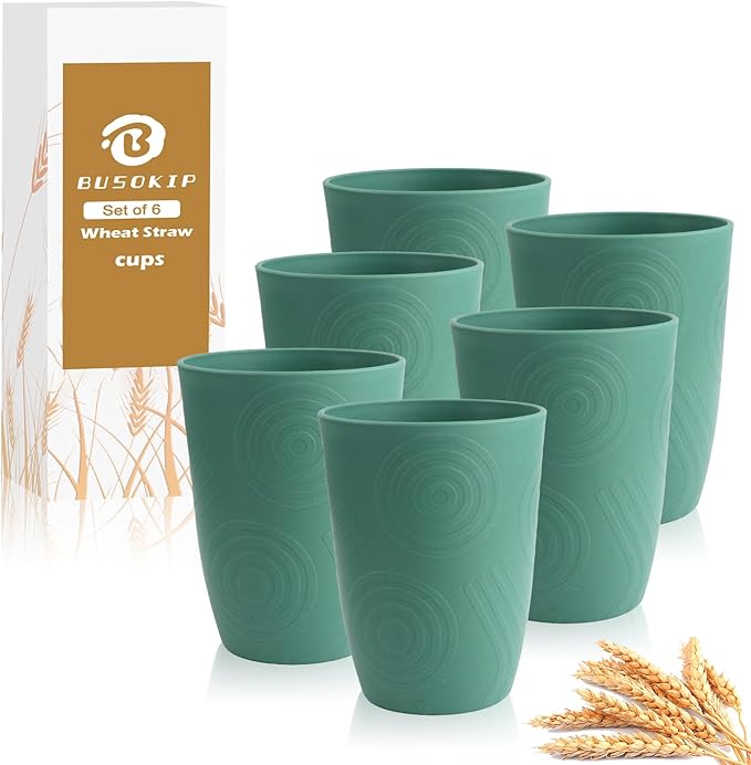 Glasses Drinking Set 6 PCS - Wheat Straw Cups Lightweight Plastic Cup Set 12 OZ Unbreakable Cups Microwave and Dishwasher Safe Water Tumbler, Kitchen Cup for Picnics, Camping, RV - Green