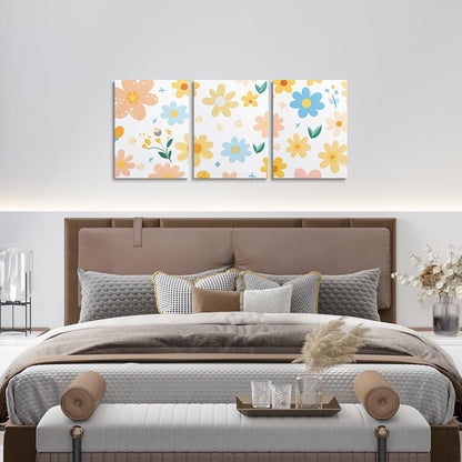 Feelyou Cute Flower 3 Piece Canvas Wall Art for Living Room Bedroom Cartoon Cute Floral Office Decor Artwork Bright Yellow Wall Art for Home Decor Kawaii Picture Posters