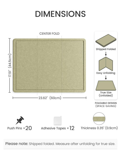 Fluxynara Bulletin Board, 23.6" x 17.5" Cork Board Alternative with 12 Safe Removable Adhesive Tabs, Foldable Felt Pin Board for Home Office, Classroom, Bedroom,Entryway for Walls—Olive Green