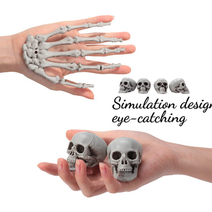 8 Pieces Halloween Decoration Set Includes 4 Halloween Mini Skulls Realistic Looking Skulls and 4 Skeleton Hands Plastic Fake Human Hands for Decoration