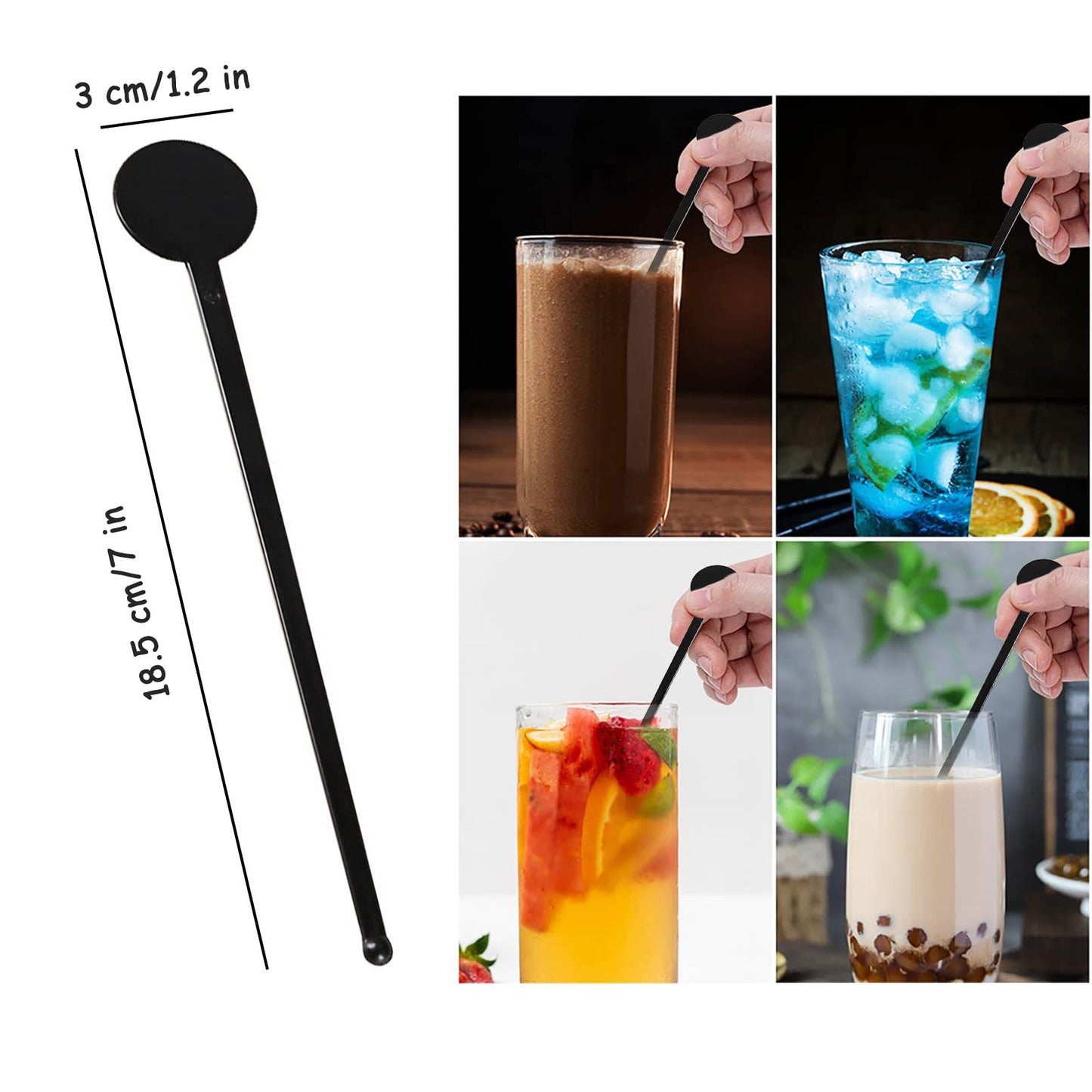 200Pcs Cocktail Swizzle Sticks, 7 Inches Disposible Plastic Disc Top Drink Stirrers Black Drinks Mixing Rod for Coffee Milk Cocktail Whiskey Beverage Bar (Black)