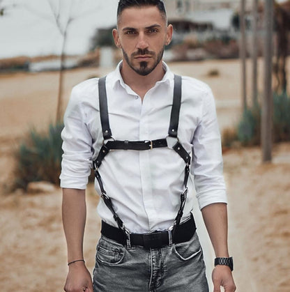 Mens Black Leather Armors Suspenders Shoulder Strap Body Chest Harness Chain Belt Adjustable Gay Punk Clubwear Costume