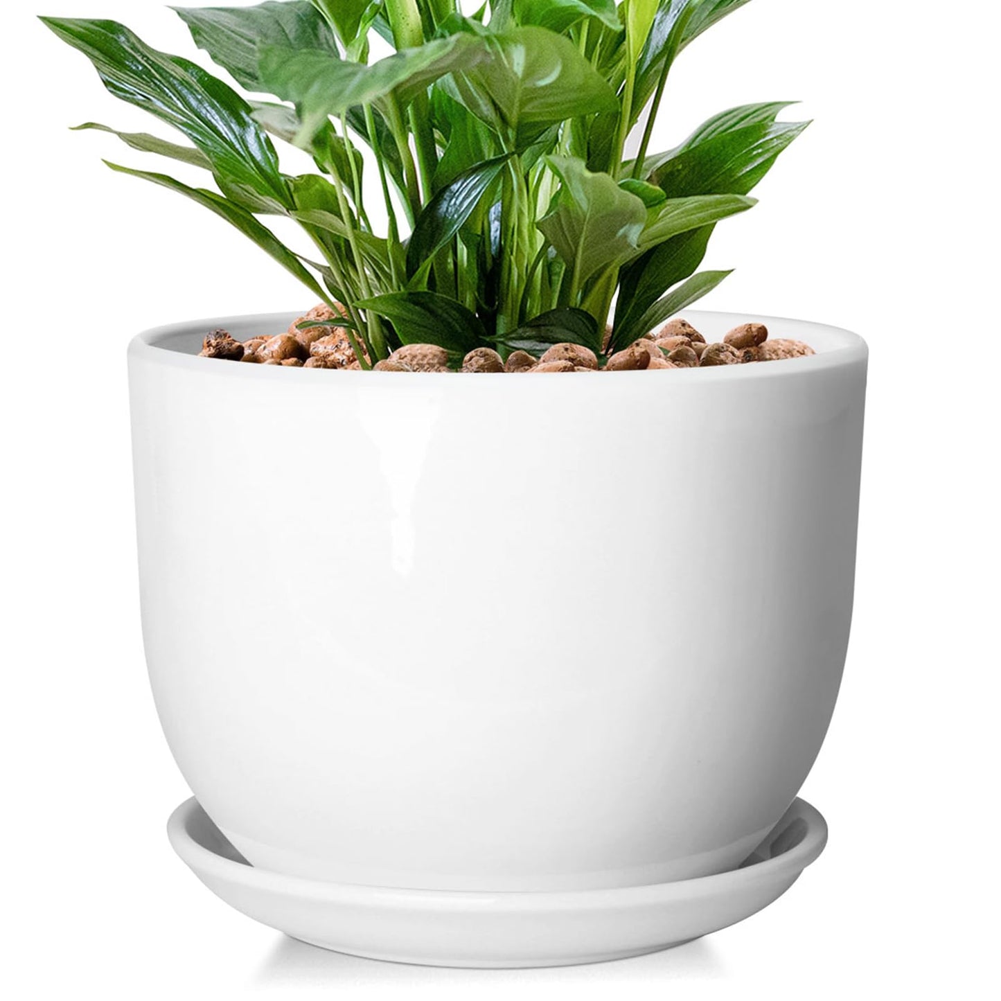 YUFDA 8 Inch Ceramic Planter, Plant Pots with Drainage Hole and Separable Saucer,Indoor-Outdoor Round Succulent Orchid Flower Pot,Indoor pots for Plants(Smooth White,Plant Pot only)