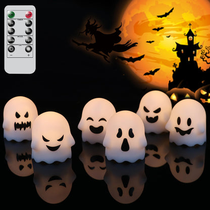 Wondise Halloween Flameless Candles with Remote & Timer, 6 Pack Ghosts Battery Operated LED Flickering Candles for Halloween Decorations Home Decor