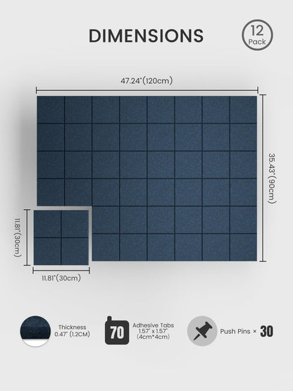 Bumusty Large Felt Bulletin Board, 48" x 36" Cork Board Alternative, 12-Pack Wall Tiles with 4-Compartment Design, 30 Push Pins, 70 Adhesive Tabs, Ideal for Office & Home Decor, Navy Blue