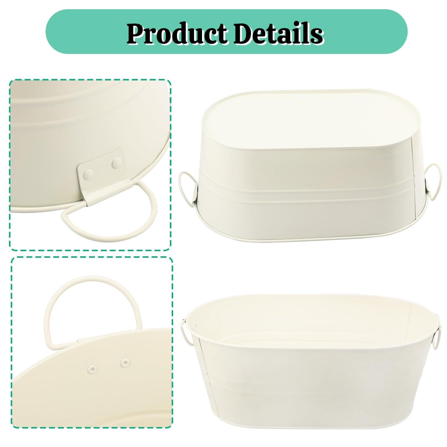 GENHAKON 3 PCS 15.3 x 9 x 6 inch White Metal Galvanized Tub with Handles, 3 Gallon Large Beverage Tubs for Wine, Cocktails, Parties, Outdoor Beer Ice Tub