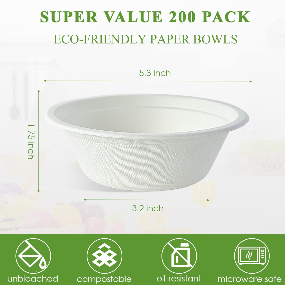 Vplus 200 Pack 12 OZ Paper Bowls, Disposable Compostable Bowls Bulk, Eco-friendly Bagasse Bowls, Heavy-duty Bowls Perfect for Milk Cereals, Snacks, Salads