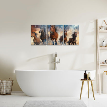 Boho Horse Canvas Wall Art Set of 3 for Living Room Bedroom, Blue Lightning Paintings Wall Decor 3D Bohemian Exotic Black Brown Wild Animal Horse Wall Art Western Farmstyle Poster Prints