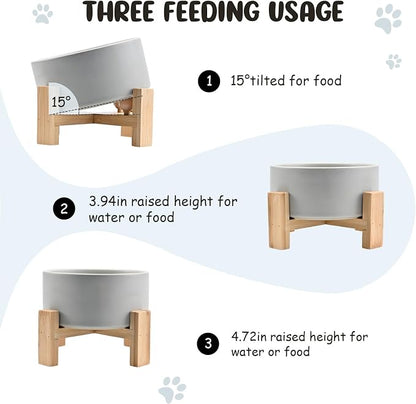 SPUNKYJUNKY 15° Slanted Ceramic Dog and Cat Bowl with Wooden Stand, Tilted Bulldog Food and Water Bowl No Slip Non-Spill for Cats Medium Dogs Big Face Pets 28.7 OZ (3.6 Cups, Grey)