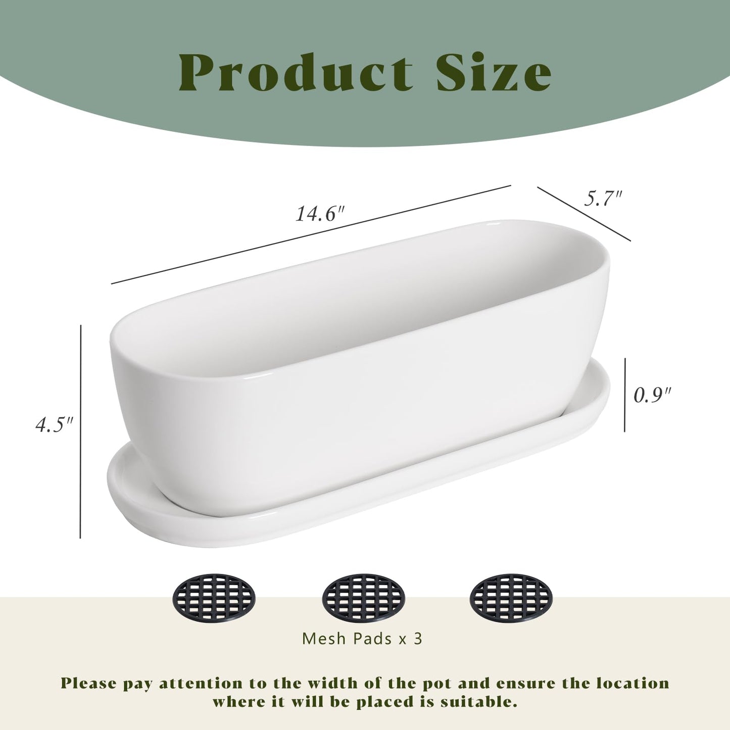E-liu Oval Ceramic Planter Pot with Drainage Hole Saucers 14 Inch Succulents Planter Home Decor for Indoor Outdoor Plants Herb Cactus with 3 Mesh Pads, Plants Not Included, Black