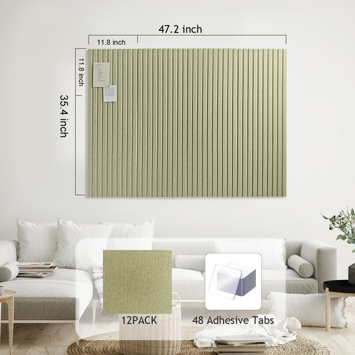 Large Cork Boards for Walls 48"x 36" - 1/2” Thick Bulletin Board, 12 Pack Felt Wall Tiles with Safe Removable Adhesive Tabs, Pin Board Cork Board for Office - Sage Green