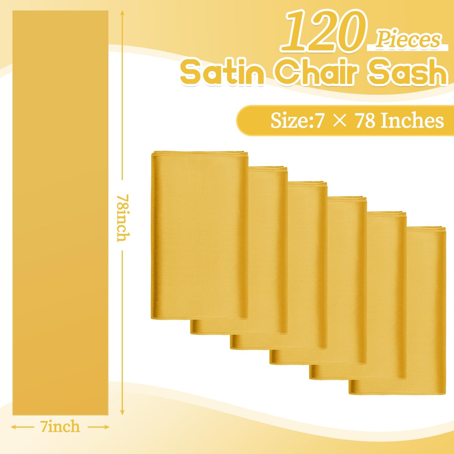 fani 120 PCS Satin Chair Sashes, Bows Designed ChairSashes, 7x78 inch Chair Sashes for Aisle Decorations Universal Chairs Cover Decoration for Wedding Reception Party Banquet (Gold)