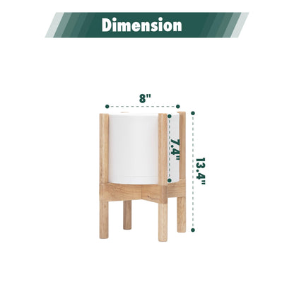 D'vine Dev Planter Pot with Stand - 8 Inch Plastic Cylinder Flower Pot with Wood Planter Holder for Indoor, Matte White Pot + Natural Stand, 55-C-J-1