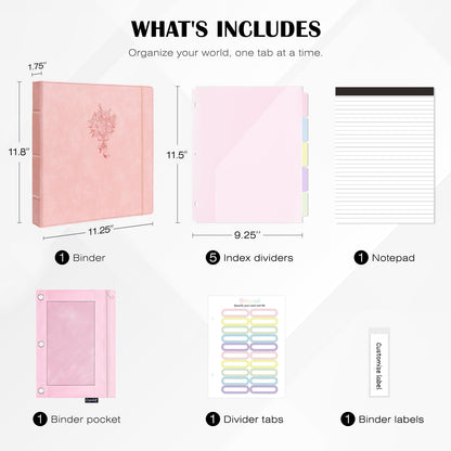 Ospelelf Leather 3 Ring Binder for Letter Size Documents with PVC Pocketed Dividers, Storage Bag & Notepad, 1 Inch Round Rings, Holds 175 Sheets, for Office School Home Organization, Flower Pink