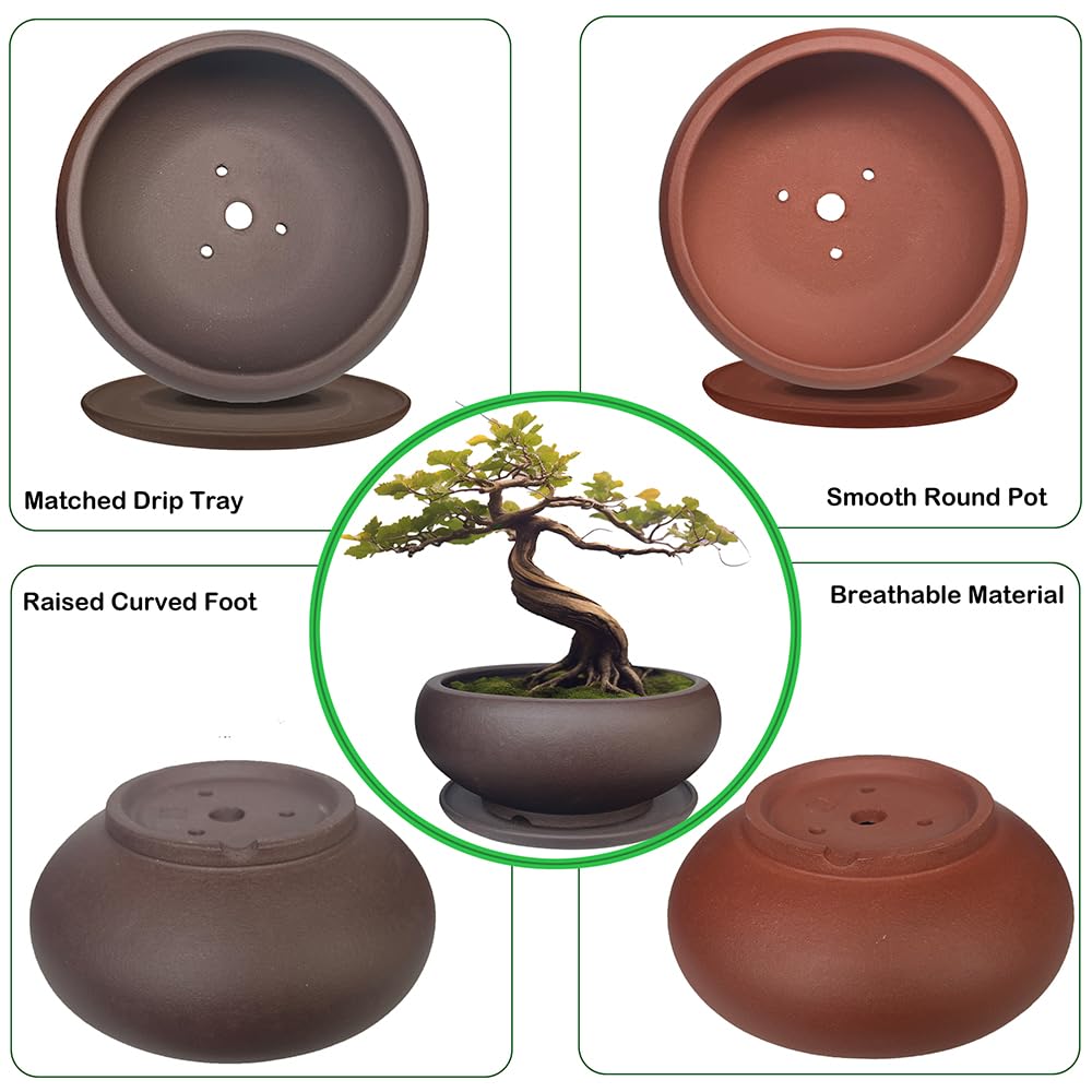 MUZHI 5.3” Round Ceramic Bonsai Starter Pots with Trays Set of 2 Brown and Red, Small Vintage Unglazed Succulent Pots with Saucers Minimalist Classic Mame Bonsai Planter with Drainage