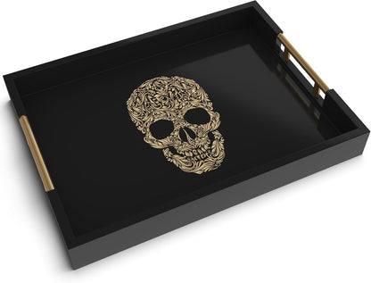 Gothic Skull Serving Tray with Gold Handles – Black Gloss Wooden Ottoman Tray for Coffee Table, Bar, or Kitchen – Elegant Gothic Decor & Unique Gift for Halloween, Horror & Alternative Style Lovers