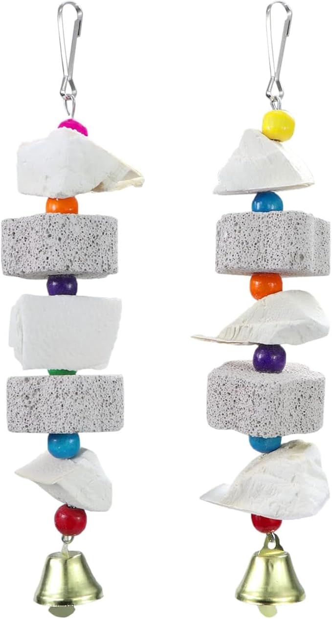 2Pcs Bird Beak Trim Cuttlebone Calcium Stone Lava Block Chew Toy Grinding Teeth Natural Minerals with Bell for Parakeet Conure Lovebird Cockatiel Finch Canary Hamster Chinchilla Rabbit
