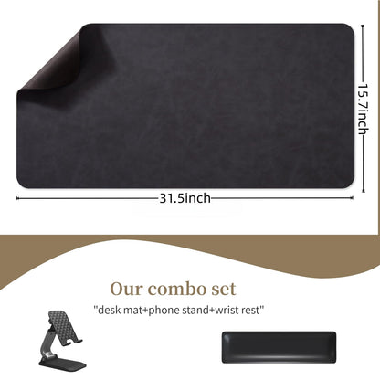 Leather 15.7"x 31.5" Desk pad for Computer and laptops, Ideal for Gaming and Office use, Large Mouse pad and Keyboard mat,Desk mat Special for man. A complimentary Wrist pad and Phone Stand.(Black)