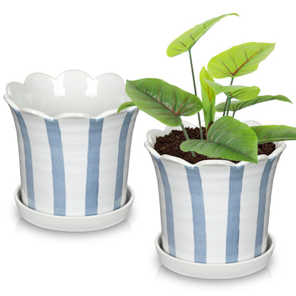 Nature Crafted Ceramic Plant Pots, 5.8 Inch Planter Pot with Drainage Hole and Sauser, Stripe Ceramic Planters with Floral Edge for Indoor Succulent Flower Orchid Plants Home Room, Blue