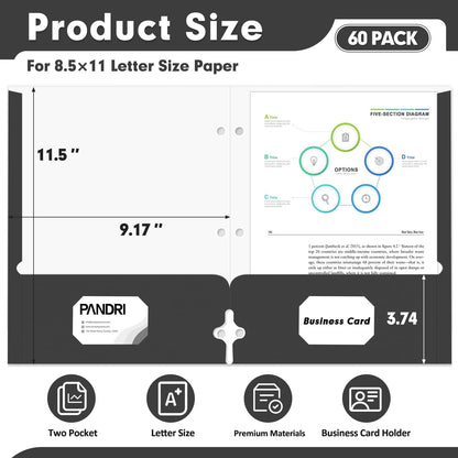Two Pocket Portfolio Folders, PANDRI 60 Pack 3 Hole Punched 2 Pocket Folders for 3 Ring Binder, Letter Size Paper File Folder for School Office Home Business, Black