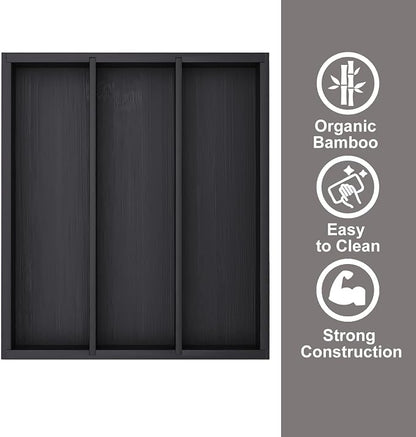 Fibogollo Silverware Organizer Bamboo Kitchen Drawer Organizer, Flatware Organizer Tray for Kitchen, Flatware, Utensils（Black）