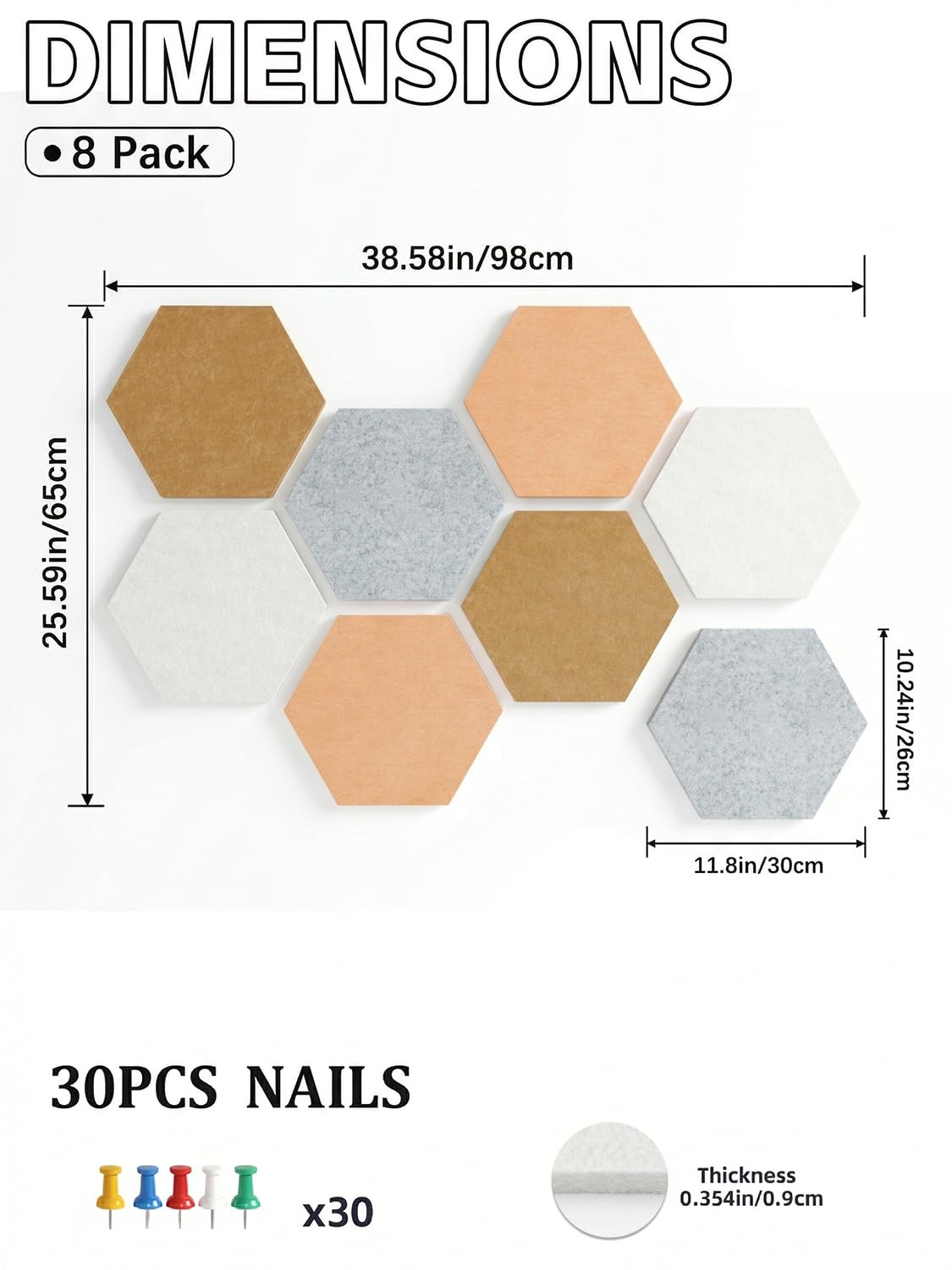Uoisaiko 8 Pack Hexagon Felt Bulletin Board Tiles - 12" Large Thick Pin Board for Walls with 30 Push Pins, DIY Boards for Office Home School Decor, Aesthetic Hex Cork Board Alternative