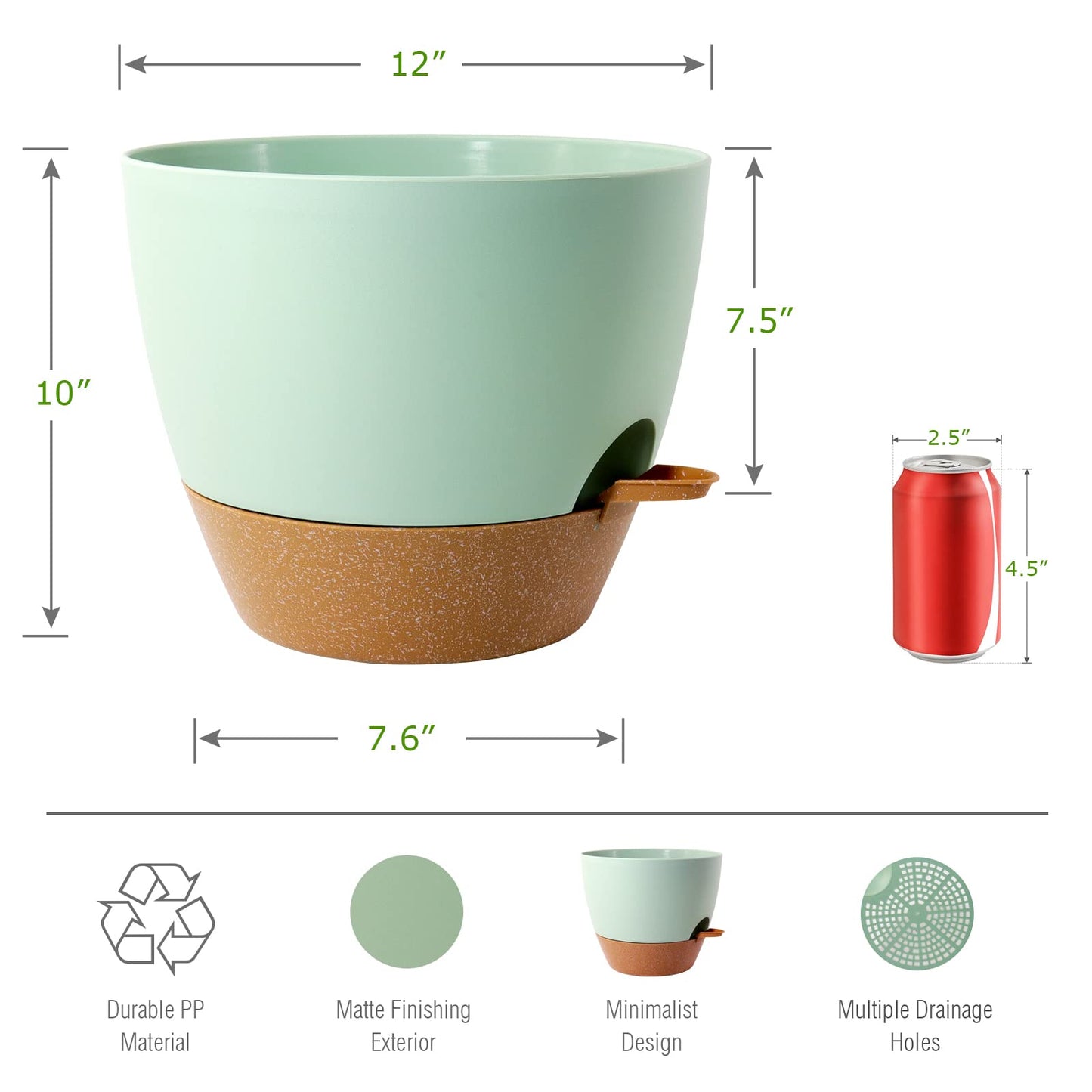 UOUZ 12 inch Large Self Watering Pots, Plastic Planters with 60oZ Removable Deep Reservoir and Multi Mesh Drainage Holes for Indoor Outdoor Garden Plants and Flowers, Green with Brown