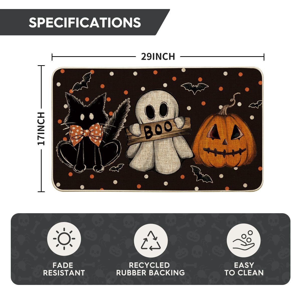 Artoid Mode Black Cat Jack-O'-Lantern Ghost Pumpkins Halloween Doormat, Seasonal Low-Profile Floor Switch Mat for Indoor Outdoor 17x29 Inch