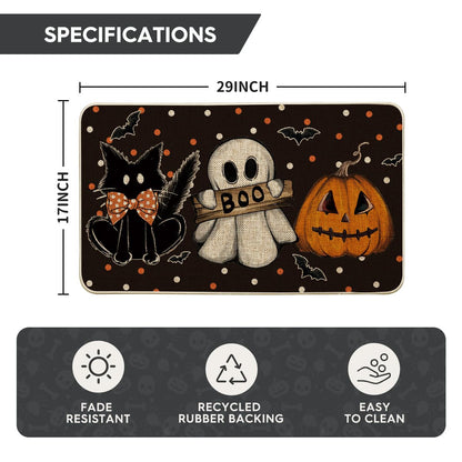 Artoid Mode Black Cat Jack-O'-Lantern Ghost Pumpkins Halloween Doormat, Seasonal Low-Profile Floor Switch Mat for Indoor Outdoor 17x29 Inch