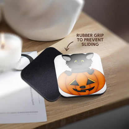 3dRose CST_216734_2 Cute Halloween Cat in a Pumpkin Illustration Soft Coasters (Set of 8)