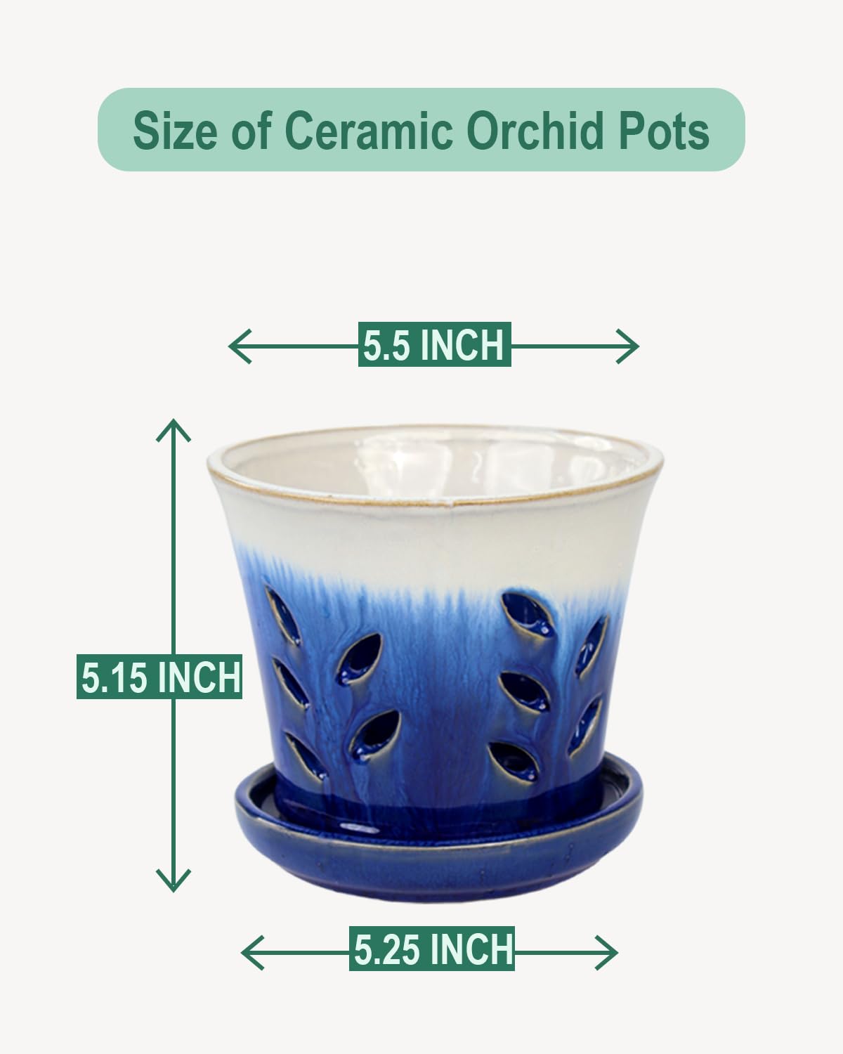 vensovo 5.5 Inch Ceramic Orchid Pot - Orchid Pot with Holes for Repotting, Ceramic Planter with Saucer for Indoor/Outdoor Plants, Blue