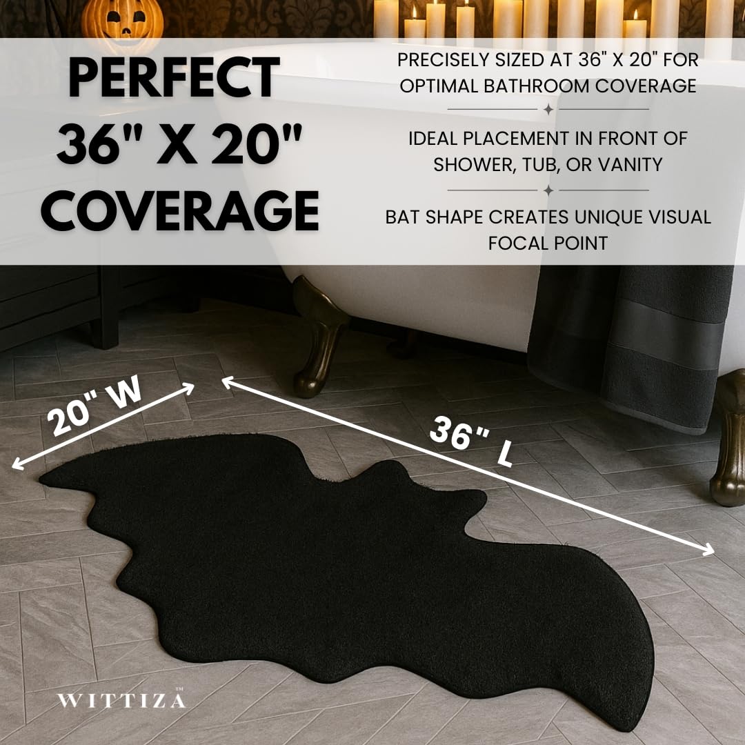 WITTIZA Bat Bath Mat - Black Gothic Bathroom Rug, Non-Slip Quick Dry Microfiber, Soft Plush for Halloween Decor & Goth Home, Machine Washable, 36" x 20"