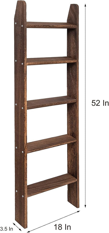 Rustic 5-Tier Wall-Leaning Wood Loadder Towel Racks for Bathroom Livingroom Kithen Office Woden Farmhouse Ladder-Style Blanket Rack Multipurpose Organizer Rack for Home (Brown)