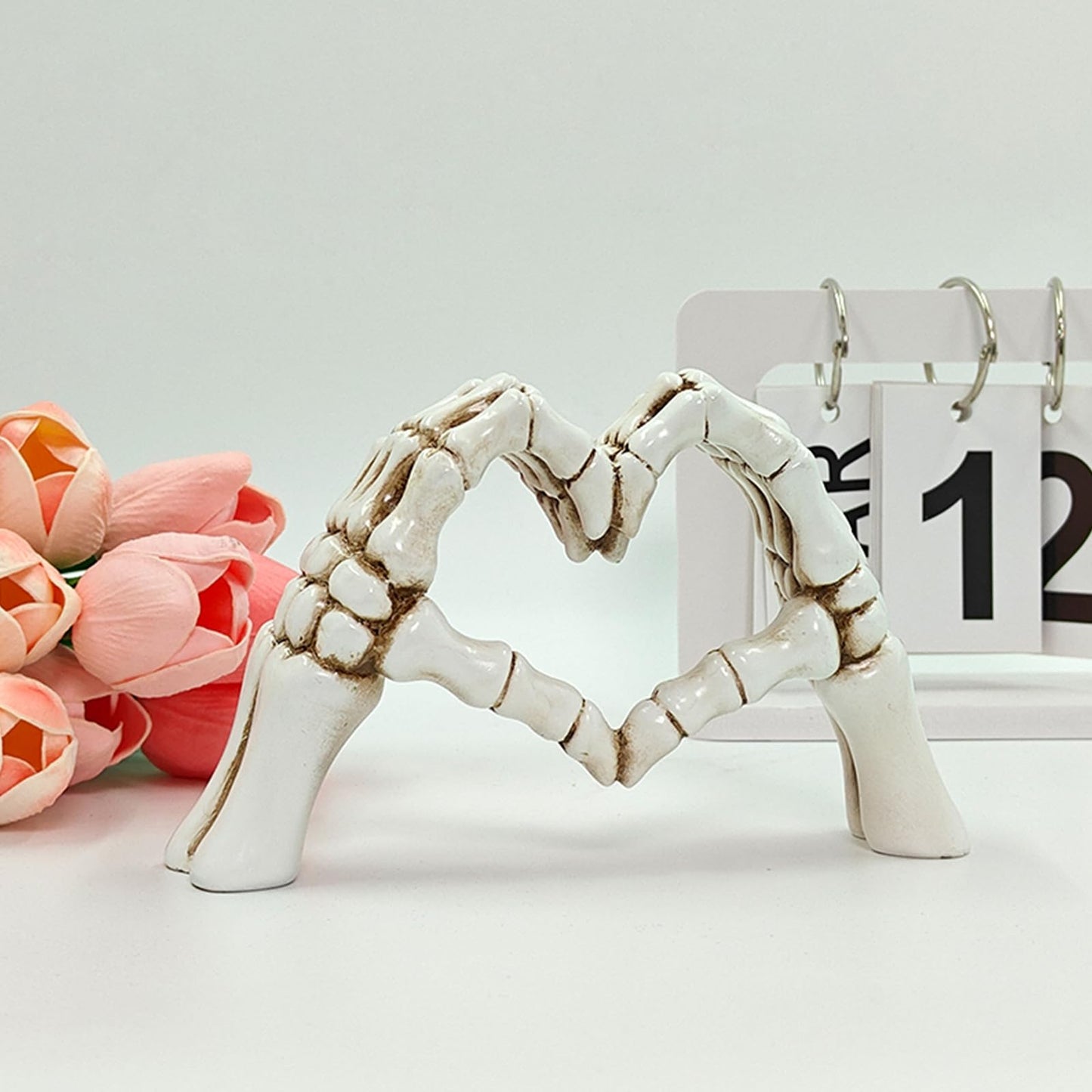 Skeleton Heart Hands Sculpture - 9.45" Gothic Home Decor, White Aesthetic Skeleton Hands Statue for Halloween, Dark Romance Heart Gesture Figurine for Shelf, Desk, Mantle, Macabre Wedding Decor