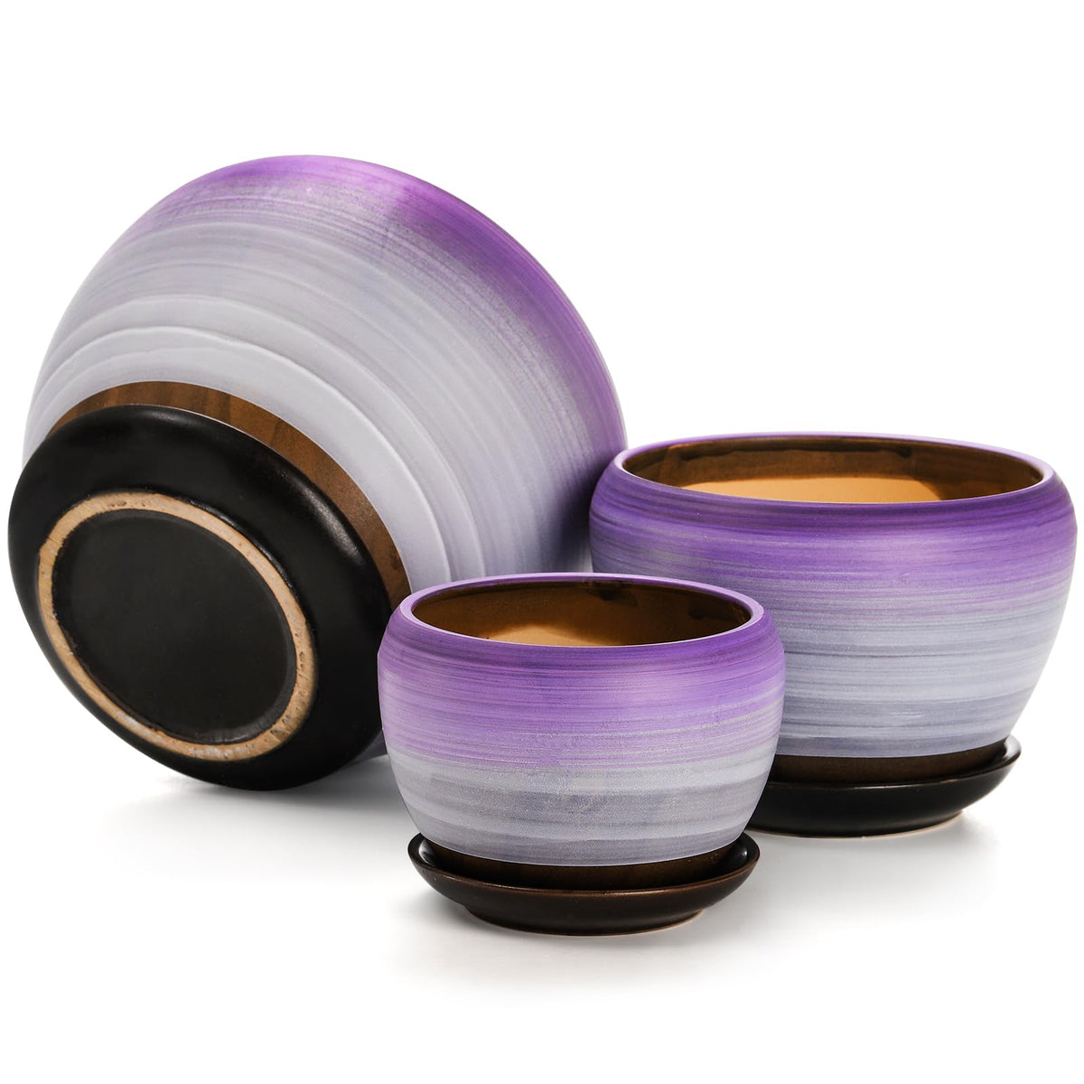 SOUJOY Set of 3 Ceramic Flower Pots, Gardening Plant Pot with Drainage Holes and Saucer, 7/5/4 inch Purple Round Succulent Herbs Cactus Planter for Indoor Outdoor