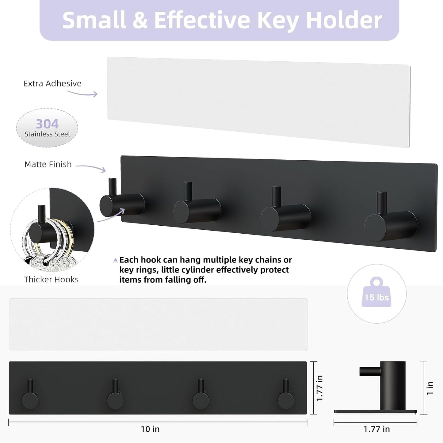 VIS'V Key Holder Wall Mount, Large Adhesive Key Hanger with 4 Hooks, Black