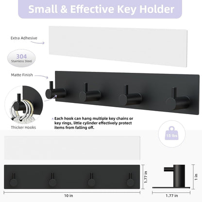 VIS'V Key Holder Wall Mount, Large Adhesive Key Hanger with 4 Hooks, Black