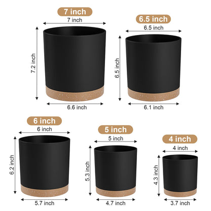 YNNICO Plant Pots with Drainage Holes and Saucers – 7, 6.5, 6, 5, 4 Inch Plastic Planters for Indoor Outdoor Plants, Modern Matte Finish, Lightweight & Durable（Black）