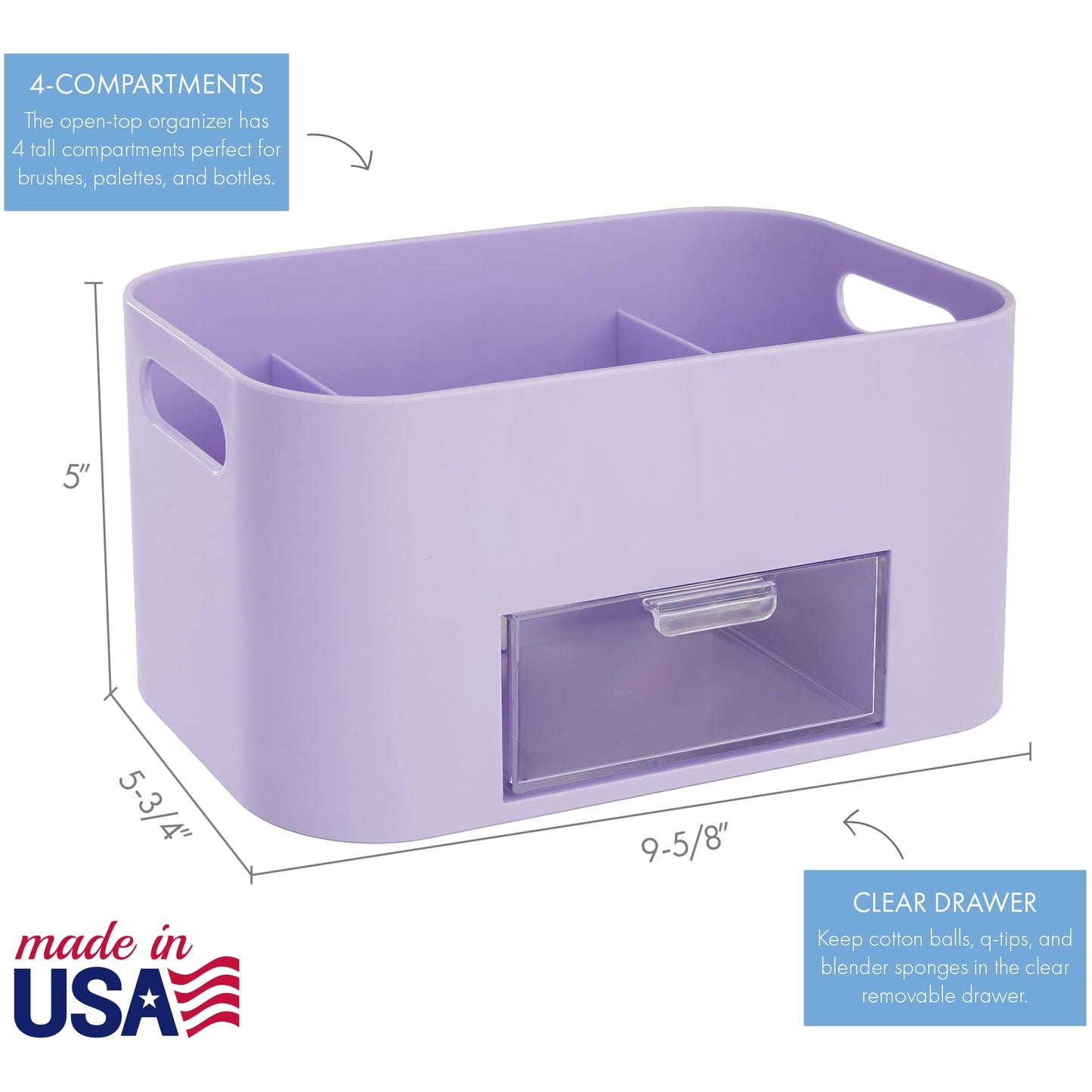 STORi Bliss Lilac Purple Makeup Organizer for Countertop, Divided Bathroom Organizer & Storage Drawer, Makeup Brush Holder, Cosmetic & Nail Polish Organizer, Made in USA