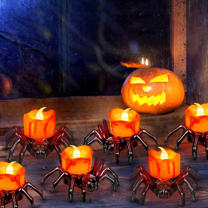 Sakayo 6 PCS Halloween Tea Lights Candles, Battery Operated Halloween's Flameless LED Candles, Spider Tealights Spooky Electric Flickering Fake Candle for Halloween Party Decorations