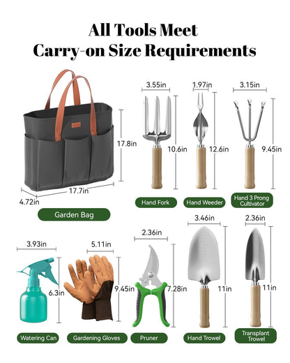 VerdantVibes 9-Piece Garden Tool Set - Heavy Duty Gardening Hand Tools with Ergonomic Non-Slip Grips, Rust-Resistant Shovel, Trowel, Rake, Pruner & Storage Bag - Ideal Gardening Gifts for Women