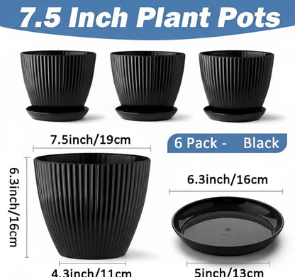RooTrimmer 7.5 Inch Black Thickened Plastic Plant Pots with Saucers, 6-Pack Modern Seedling Planters for Indoor Outdoor Plants, Durable Heavy-Duty PP Material for Herbs Flowers Vegetables (＜8 inch)