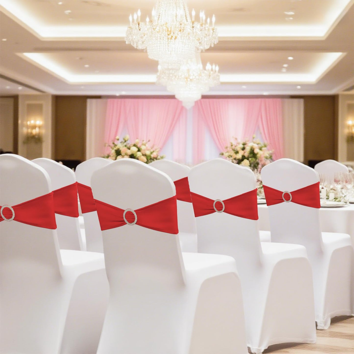 150 Pack Spandex Stretch Chair Sashes Bows, Elastic Stretch Chair Cover Bands Ties with Buckle Slider for Wedding Party Ceremony Reception Event Banquet Decoration (Red)