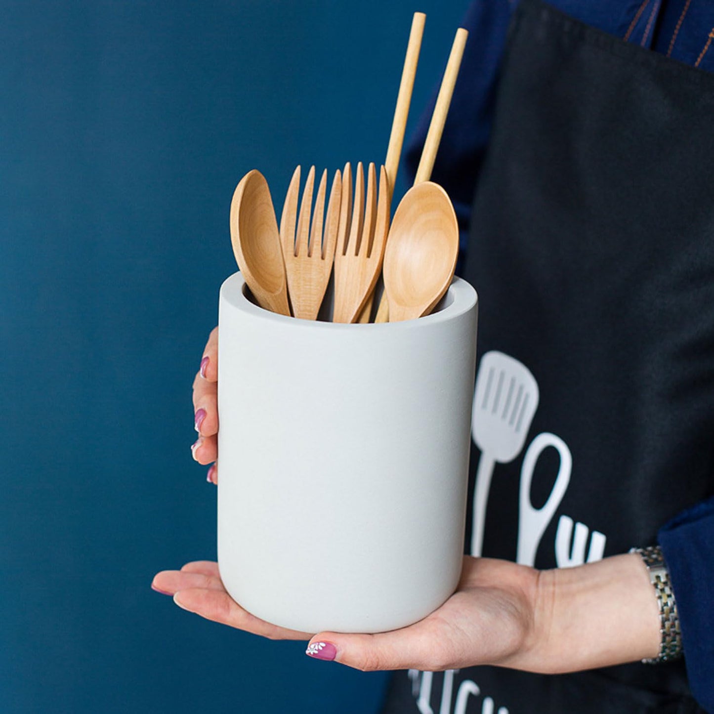 hengshukeji Kitchen Utensil Holder, 6.3"+5.3" Ceramic Kitchen Utensil Holder for Countertop, Large Cooking Utensil Crock for Kitchen Counter, Set of 2, for Spoons, Spatulas, Utensils (White Set)