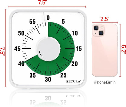 Secura 7.5 Inch Visual Timer, 60 Minute Oversize Visual Countdown Timer for Kids and Adults, Durable Mechanical Time Management Tool (Green)