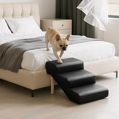 3-Step 15.7" H Dog Stairs for Pets up to 220lbs,Waterproof and Scratch PU Leather Pet Stairs with Oak Leg & Solid Wood Frame,Dog Ramp for Small Senior Large Dogs Cats,Non-Slip Feet,Black