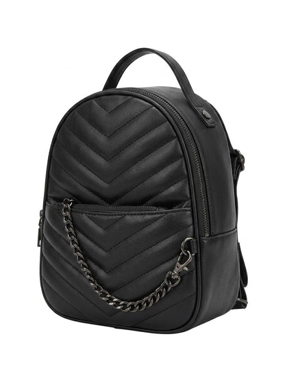 Quilted Mini Backpack, Black, Faux Leather, Chevron Pattern, Chain Detail, Top Handle, Everyday Backpack